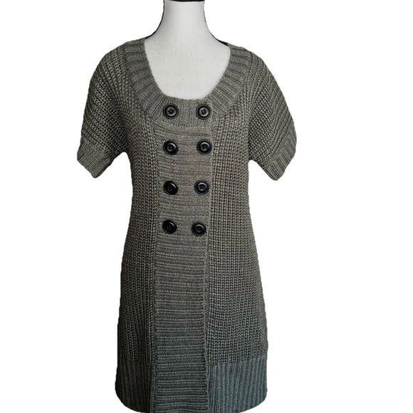 Soft Surroundings Sweaters - Soft Surroundings Button Front Gray Tunic Sweater Wool Blend Short Sleeve PXL